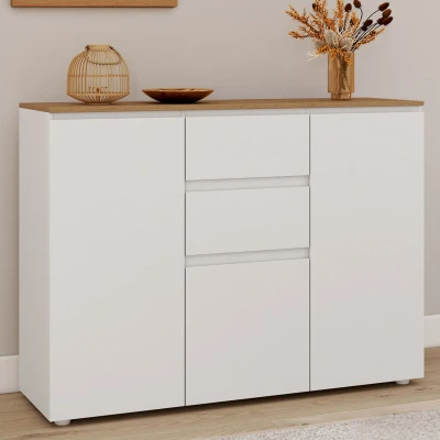 Abbildung von Sideboard 100 cm TOBY 3 Türen 2 Schubladen weiß und Holzplatte IDMarket