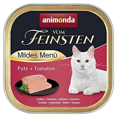 Abbildung von vom Feinsten Mildes Menü Pute + Tomaten (32 x 100g), Katzenfutter nass ohne Getreide und Zucker von animonda, leicht verdauliches Katzenfuttermit Putenfleisch