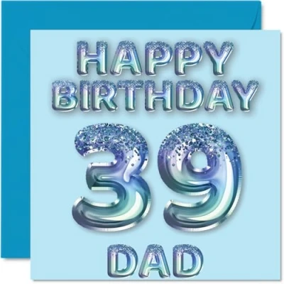 Abbildung von Geburtstagskarte zum 39. Geburtstag für Vater, blaue Glitzer Partyballons, Happy Birthday Karten 39 Jahre alten Vater vom Sohn, Tochter, 145 x mm, Geburtstagsgrußkarten, Geschenk