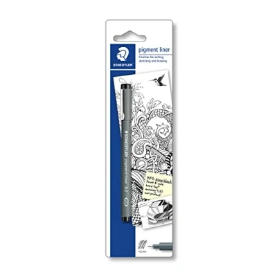 Abbildung von STAEDTLER schwarzer pigment liner, Linienbreite 0,2 mm, dokumentenechte Pigmenttinte, lange Metallspitze, Lebensdauer, 1 Fineliner auf Blisterkarte, 30802 9BKD