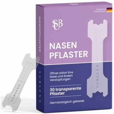 Abbildung von SUBLEXA® Nasenpflaster Transparent, 30 Stück Extra Starker Halt für Sport, Schlaf &amp; Bessere Atmung Unauffällige Nasenstrips gegen Schnarchen Verstopfte Nase Nasal Strips Hautfreundlich
