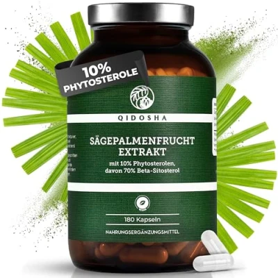 Abbildung von QIDOSHA® Sägepalme 40:1 Extrakt Kapseln hochdosiert, 10% Phytosterole, davon 70% Beta Sitosterol, 500mg Sägepalmenextrakt je Kapsel, 180 Stk/Glas, vegan, deutsche Fertigung, jede Charge laborgeprüft