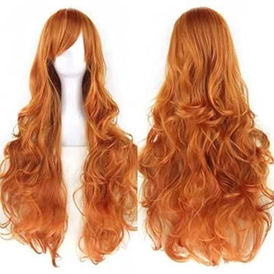 Abbildung von IMISSU 80cm langes lockiges Naturhaar Cosplay Perücke mit Pony Buntes Halloween Kostüm Party Perücken für Frauen (Orange)