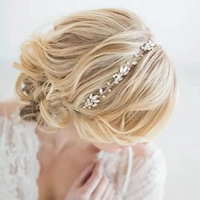 Abbildung von Bufenia Blatt Hochzeit Braut Haarrebe Strass Kopfschmuck Silber Stirnband Haarschmuck für Frauen