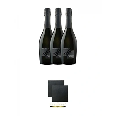 Abbildung von Sacchetto Spumante Etichetta Nera Millesimato Extra Dry 3 x 0,75 Liter + Schiefer Glasuntersetzer eckig ca. 9,5 cm Ø 2 Stück