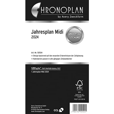 Abbildung von Chronoplan 50504 Kalendereinlage 2024, Jahresplan im Midi Format (96x172 mm), Ersatzkalendarium, ideal für übersichtliche Jahresplanung, Universallochung, zum Aufklappen (mit Leporello Falzung), weiß