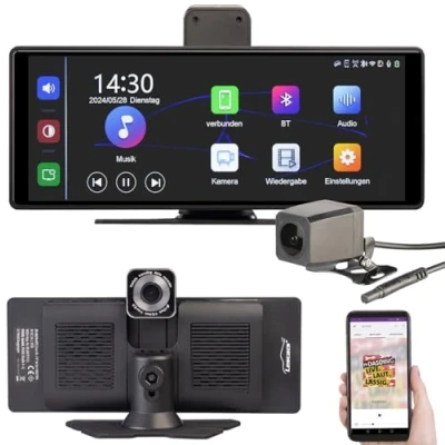Abbildung von Lescars Auto Kamera: IPS HD Touchscreen für Apple CarPlay mit 10,26&quot;/26 cm &amp; Rückfahrkamera (Auto Display, Touch Monitor, Navigationsgerät)