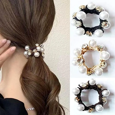 Abbildung von Carufin 3 Pcs Elastische Haarbinder Scrunchies Perlenhaar Bands Kristall Haarseile Haarzubehör für Frauen und Mädchen