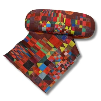 Abbildung von Brillenetui Hardcase mit Stoffbezug und Reinigungstuch aus Mikrofaser FridolinEdition Motiv: Burg Sonne Künstler: Paul Klee