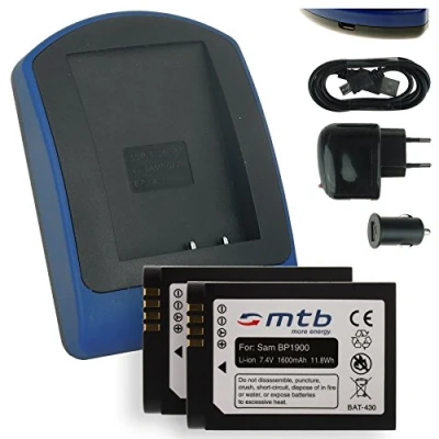 Abbildung von 2 Akkus + Ladegerät (Netz+Kfz+USB) BP1900 für Samsung Smart Camera NX1 NX 1 (7.4V 1600mAh mit INFOCHIP)