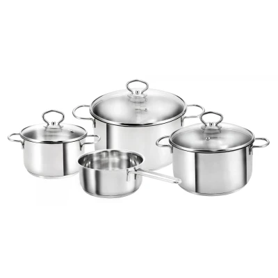 Abbildung von Kopf Topf Set Merkur 4 teilig, Edelstahl (4 tlg), Induktionstöpfe mit Schüttrand, Literskala und Glasdeckel