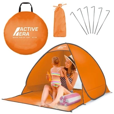 Abbildung von Active Era Pop Up Strandmuschel mit UV Schutz, UPF 50+ Strandzelt, Windschutz Strand, Zelt für 2 3 Personen inkl. Tragetasche und Heringe Orange