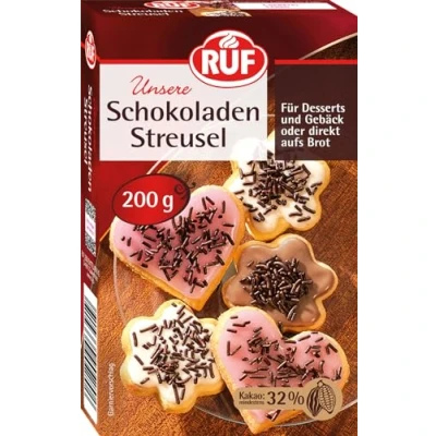 Abbildung von RUF Schokoladen Streusel, Schoko Dekor für bunte Plätzchen, Kuchen, Muffins, Pudding und Eis oder als Streusel auf Brot, glutenfrei vegan, 1 x 200g