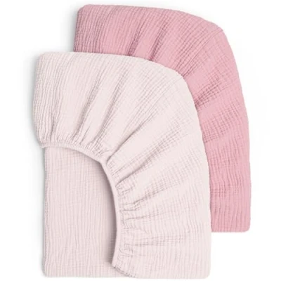 Abbildung von 2er Set Kinder Spannbettlaken, Musselin Baumwolle Spannbetttuch für Babybett und Kinderbett 60x120cm / 70x140cm Reisebett Spannlaken Beistellbett Leintücher (Rosa Nelke)