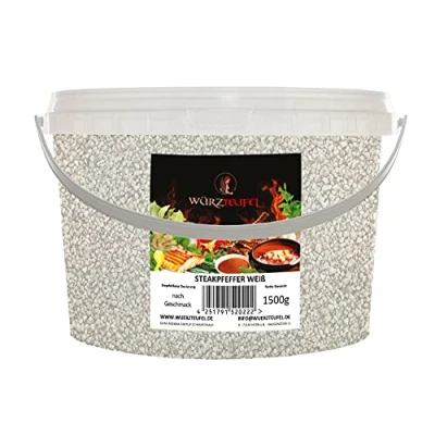 Abbildung von Pfeffer weiß, weiss 1 2mm, Steakpfeffer fein geschrotet, keimreduziert. Premiumqualität aus Indonesien. PE Eimer 1500g (1,5KG)