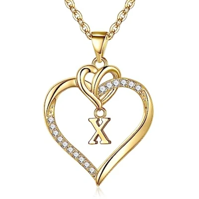 Abbildung von TINGN Kette Gold Damen Buchstaben Kette, 14K Vergoldete Intiale mit CZ Herz Anhänger Halskette für Frauen X Mutter Geschenke Teenager Mädchen