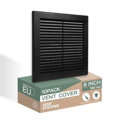 Abbildung von Vent Systems 200x200 mm 10 Stück Schwarze Lüftungsabdeckung flache, quadratische Lüftungsschlitze Integrierter Insektenschutz HVAC Lüftungsöffnungen für Badezimmer, Heimbüro
