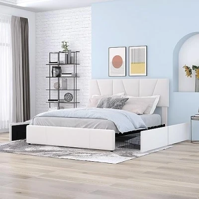 Abbildung von ModernLuxe Bett Samtstoff, Einzelbett/Doppelbett, Polsterbett mit Schubladen, Rückenlehne und Lattenrost, Höhenverstellbares Kopfteil,Jugendbett Gästebett (ohne Matratze) (Beige D, 140 x 200cm)