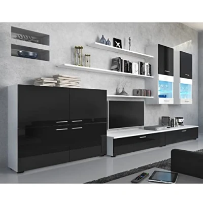Abbildung von Skraut Home Möbel für Wohnzimmer 189 x 300 42 cm LED Beleuchtungssystem Beta Modell große Speicherkapazität moderner Stil weiß/schwarzes Finish