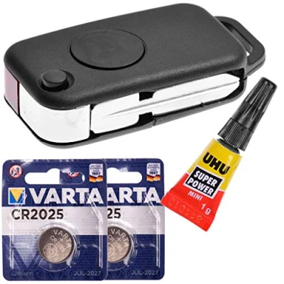 Abbildung von mt key Auto Schlüssel 1 Taste + HU39 Rohling 1x Kleber 2x VARTA CR2025 Knopfzelle, (3 V), für Mercedes Benz W210 R129 W202 Funk Fernbedienung