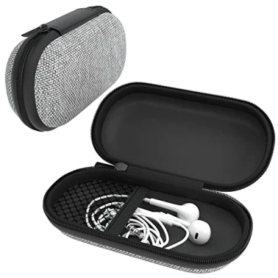 Abbildung von EAZY CASE Universal Tasche für In Ear Kopfhörer mit Netzfach Hardcase Aufbewahrungsbox, Schutztasche umlaufenden Reißverschluss, extra klein, oval, Hellgrau