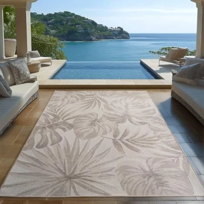 Abbildung von Carpetsale24 Outdoor Teppich Beige 120x170 cm, Wetterfest &amp; UV beständig, ideal für Küche, Balkon, Terrasse, Garten auch Wohnzimmer und Esszimmer, Palmblätter Design, Leicht zu Reinigen