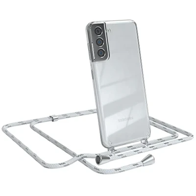 Abbildung von EAZY CASE Handykette kompatibel mit Samsung Galaxy S21 5G Handyhülle Umhängeband, Handykordel Schutzhülle, Silikonhülle, Hülle Band, Stylische Kette für Smartphone, Weiß/Silber