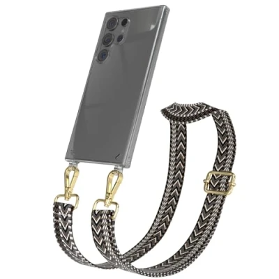 Abbildung von EAZY CASE Handykette mit verstellbarem Trageriemen kompatibel Samsung Galaxy S24 Ultra Taschengurt transparenter Handyhülle für Hülle Schulterriemen in Grau Schwarz Gold
