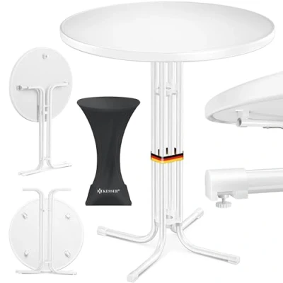 Abbildung von KESSER® Gastro Stehtisch klappbar Bistrotisch Pulverbeschichtete Edelstahlplatte höhenverstellbare Füße Partytisch Tisch Ø 80cm In &amp; Outdoor Empfangstisch inkl. Husse Klapptisch Weiß