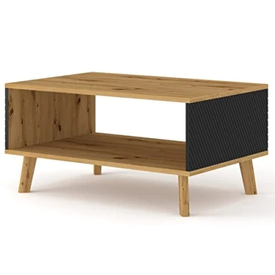 Abbildung von BIM Furniture Kaffeetisch Couchtisch LUXI 90x60 cm Beistelltisch Tisch mit Regal, Eiche Artisan, Fertigstellung schwarz matt gefräst MDF, Beine aus Massivholz