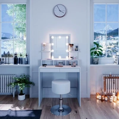 Abbildung von Vicco Schminktisch Ania, Weiß, 80 cm mit LED Beleuchtung und Hocker