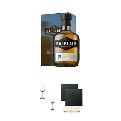 Abbildung von Balblair 15 Jahre 0,7 Liter + Nosing Gläser Kelchglas Bugatti mit Eichstrich 2cl und 4cl 2 Stück Schiefer Glasuntersetzer eckig ca. 9,5 cm Ø