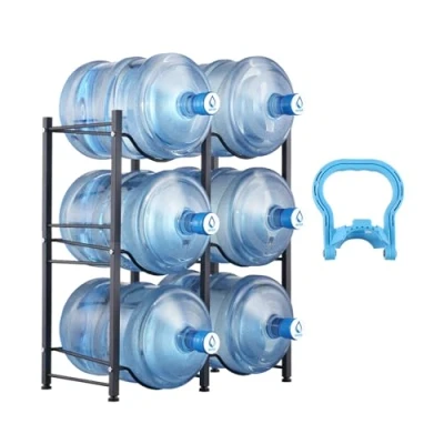Abbildung von VEVOR Wasserkrughalter mit 3 Ebenen, 5 Gal Wasserflaschenhalter, zweireihiges Wasserflaschenregal aus Eisen für 6 Flaschen, Robustes Wasserkrugregal Küche Büro Wohnzimmer schwarz