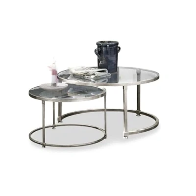 Abbildung von Loberon Couchtisch 2er Set Kabala, Zwei Größen, Ineinander Schiebbar, Wohnzimmertisch, Sofatisch, Aluminiumguss, Glas, Silber