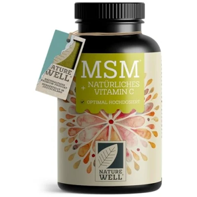 Abbildung von MSM 2000mg pro Tag + natürliches Vitamin C 365 Tabletten mit Methylsulfonylmethan kompakteres Pulver als bei Kapseln 1000 mg Tablette vegan &amp; ohne Zusätze NatureWell