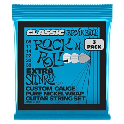 Abbildung von Ernie Ball Extra Slinky klassische Rock‘n‘Roll E Gitarrensaiten, reine Nickelwicklung, 3er Pack, Stärke 838