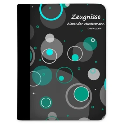 Abbildung von CreaDesign, Kinder Zeugnismappe mit Namen personalisiert, Zeugnis Mappe Kreise Türkis 10 Klarsichthüllen, A4, 26,7 x 32,7 1 cm, Rücken schwarz