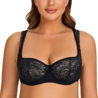 Abbildung von MELENECA Damen Balconette BH mit Bügel Sexy Spitzen Push Up Stütz Schwarz 100B
