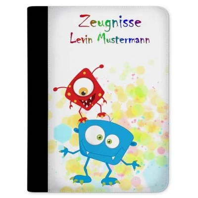 Abbildung von CreaDesign, Kinder Zeugnismappe personalisiert mit Namen, Zeugnis Mappe Monster Farbkleks, DIN A4, 26,7 x 32,7 1 cm, Rücken schwarz