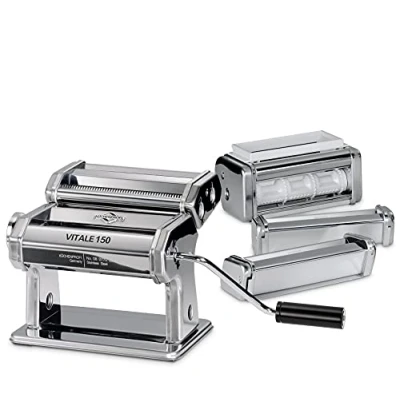 Abbildung von Küchenprofi Manuelle Nudelmaschine VITALE 150 Set inkl. 6 Walzen/Aufsätze, Pastaschneider für 7 Teigstärken rostfreier Edelstahl Lasagneplatten, Spaghetti und mehr Motor separat erhältlich