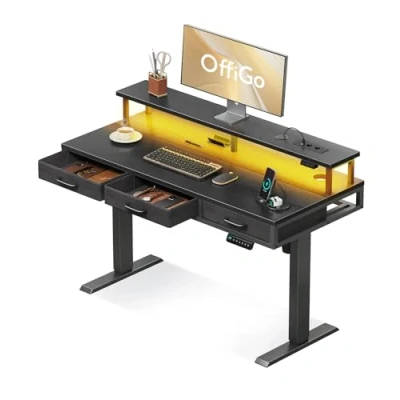 Abbildung von OffiGo Elektrischer Schreibtisch mit Schubladen, 120cm Höhenverstellbarer Monitorständer, Gaming Tisch Steckdosen und Lichtleiste, Höhenverstellbar Bürotisch, Schwarz