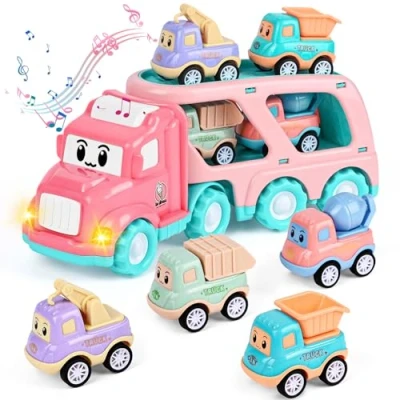 Abbildung von Weinsamkeit Auto Spielzeug Kinder, Kleinkinder Autotransporter, 5 in 1 LKW mit Licht und Musik, Indoor&amp;Outdoor Kinderspielzeug Spielzeugautos, Weihnachten Geburtstag für 3 4 Jahren Mädchen Jungen
