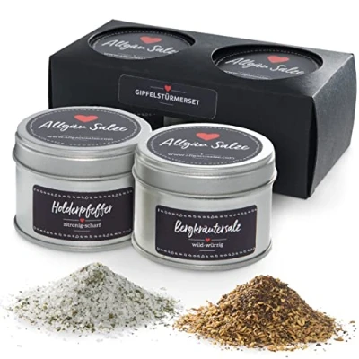 Abbildung von Allgäu Salze® Gourmet Gewürze Salz &amp; Pfeffer Geschenk Set zum kochen würzen 90g Bergkräutersalz 40g Holderpfeffer Gipfelstürmerset