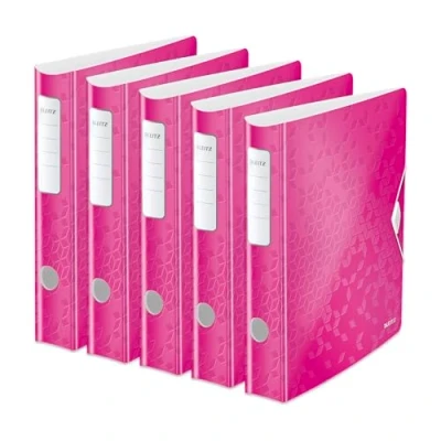Abbildung von Leitz Qualitäts Ordner 180 Active WOW, 5er Pack, A4, Schmal, Abgerundeter Rücken, 6,5 cm breit, Gummibandverschluss, Leichtes Polyfoam, Plastik Ordner, WOW Serie, Pink, 11070023