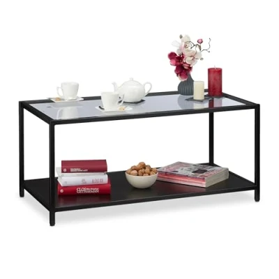 Abbildung von Relaxdays Couchtisch, Glasplatte &amp; Metallgestell, Ablage aus MDF, moderner Wohnzimmertisch, HBT 45x100x50 cm, schwarz
