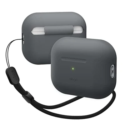 Abbildung von elago Silikonhülle Kompatibel mit Apple AirPods Pro 2. Generation Case Inklusive Rundem Armband, Schutzhülle, Front LED sichtbar, Unterstützt drahtloses Laden (Dunkelgrau)