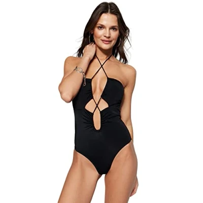 Abbildung von TRENDYOL Damen Badeanzug, Einfarbig Bademode, Schwarz, 34