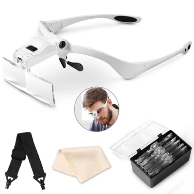 Abbildung von Vinabo Stirnband Lupe mit LED Licht, Kopflupe 5 Abnehmbaren Linsen (1,0 x 1,5 2,0 2,5 3,5 x), für alle Präzisionsarbeiten, Lesen, Juwelier, Sticken, Nähen, Schmuck