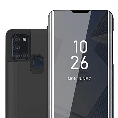 Abbildung von Cadorabo Hülle kompatibel mit Samsung Galaxy A21s Schutzhülle TPU Silikon Case 360 View Spiegel, Slim Kratzfest Weiche Gummi Rundumschutz Cover für in Schwarz
