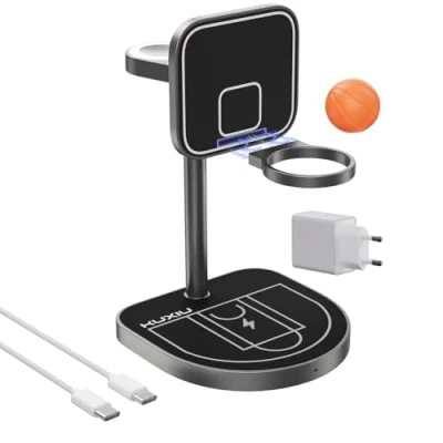 Abbildung von KU XIU X85 Magnetische Ladestation 3 in 1 Induktive Kabellose für iPhone 16/15/14/13/12, 5W Apple Watch 10/9/8/7/Ultra, AirPods 4/3/2, Fun Basketball Design Schwarz